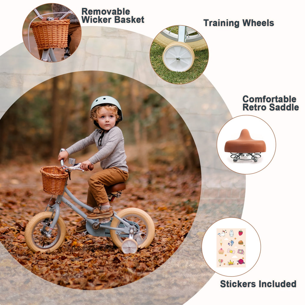 Glerc Little Miss 12 Inch Kids Bike for Girls Ages 2‑4, Retro Bicycle with Training Wheels & Basket, Pink
