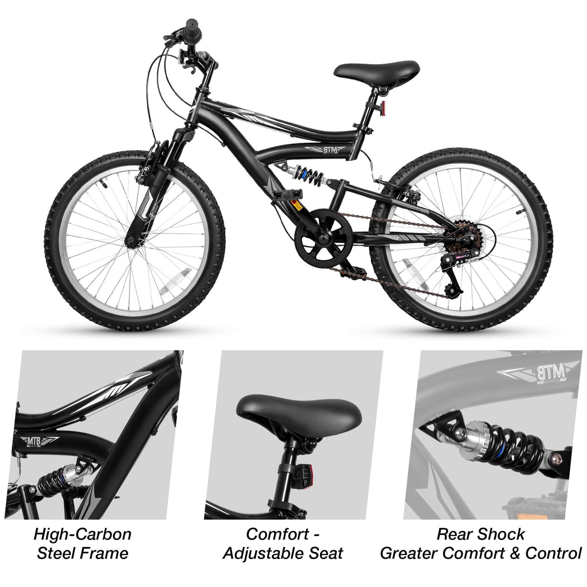 Hykolity 20 Inch Kids Mountain Bike Boys Girls Youth Bicycle For Ages 6-12 Children Bikes Dual Full Suspension Front And Rear V-Brakes 6 Speeds Drivetrain, Black