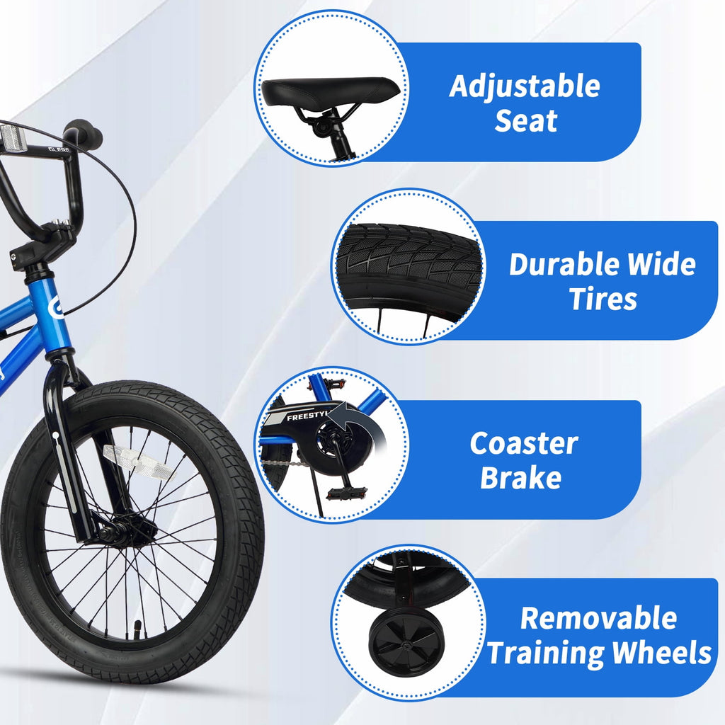 Glerc 14 Inch Little Kids Bike BMX Style Bicycle with Training Wheels Coaster Brake for 3 4 5 Years Old Boys Girls, Blue