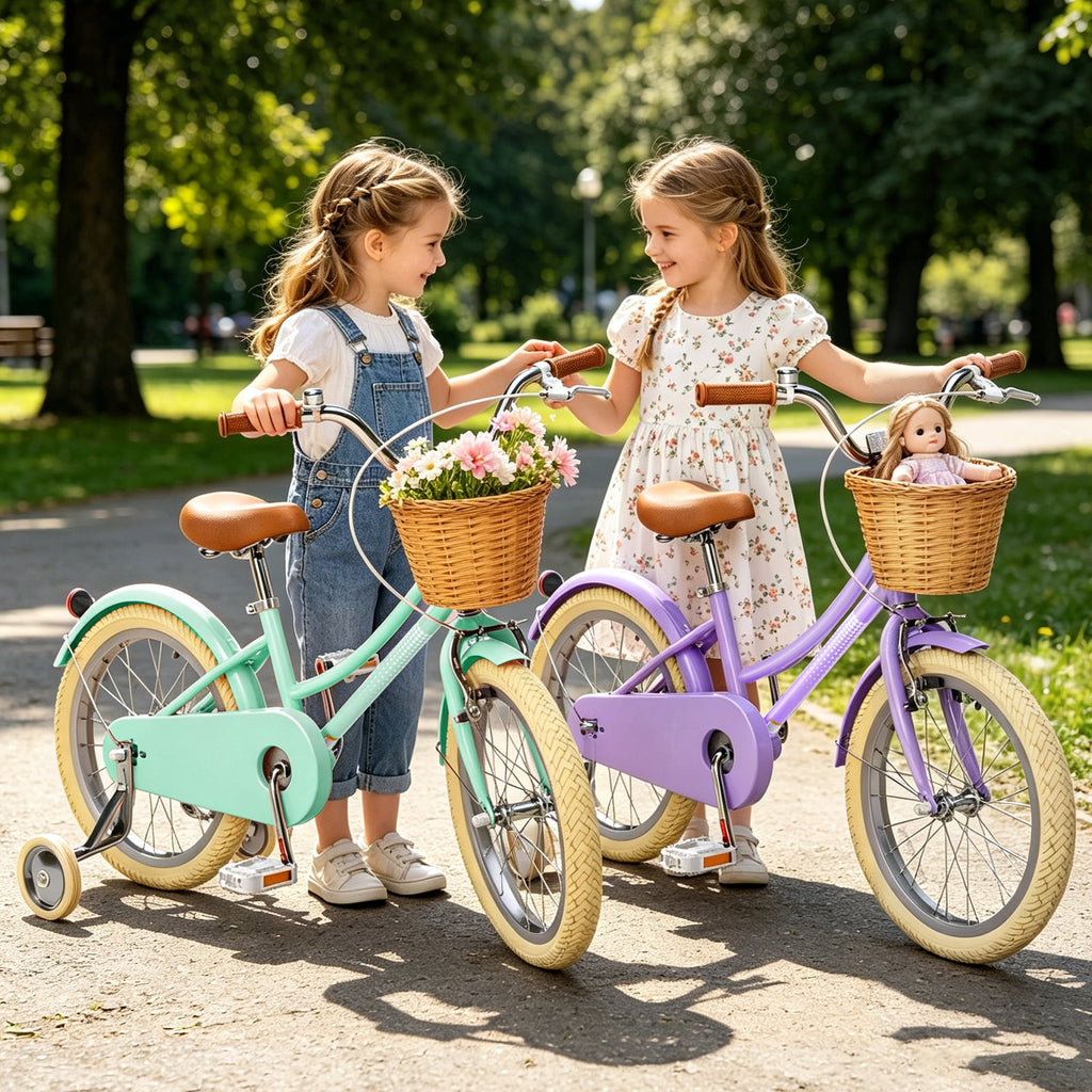Korimefa Girls Bike 18 Inch Kids Bicycle for 5-9 Years Old, with Removable Training Wheels & Cute Basket, Ideal Gift for Toddler Girls Outdoor Riding,Purple