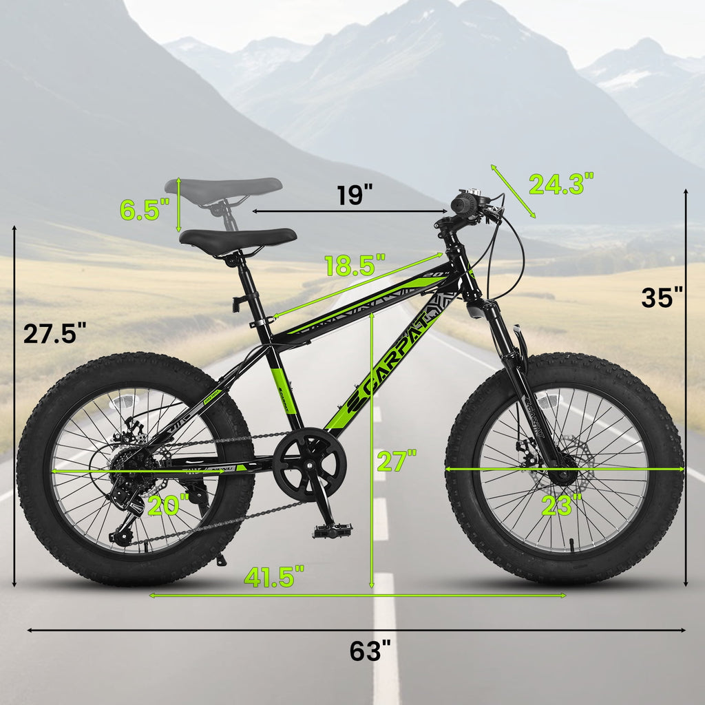 20 Inch Fat Tire Kids Mountain Bike, 7-Speed Mountain Bicycle with Dual Disc Brake and Front Suspension, High-Carbon Steel Frame Kids MTB for Boys Girls Ages 8-12 Year Old, Black-Green