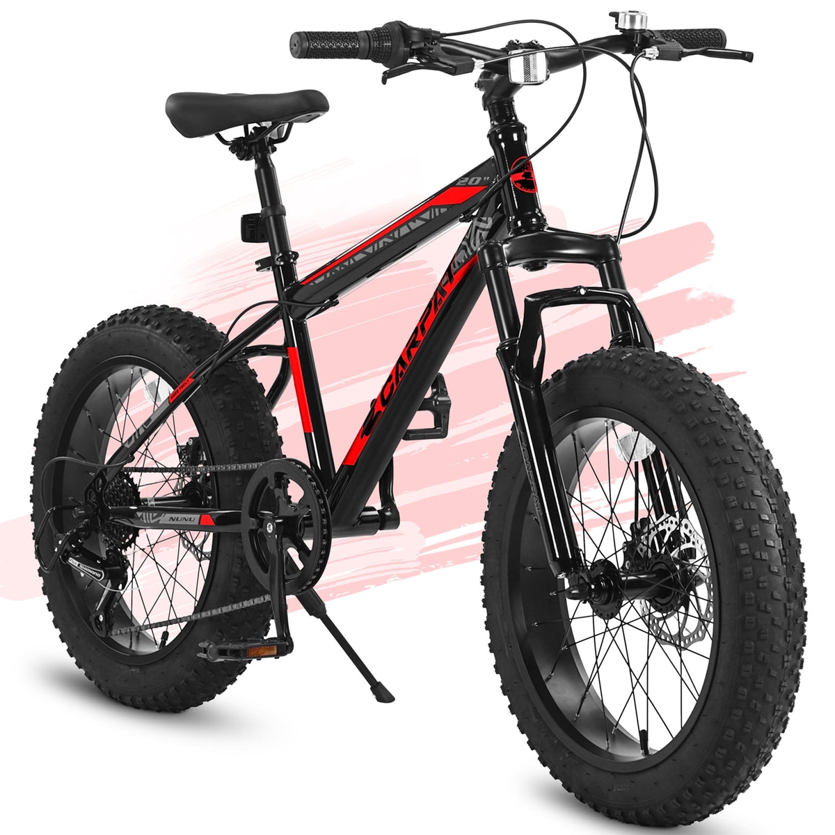 20 Inch Fat Tire Kids Mountain Bike, 7-Speed Mountain Bicycle with Dual Disc Brake and Front Suspension, High-Carbon Steel Frame Kids MTB for Boys Girls Ages 8-12 Year Old, Black-Green