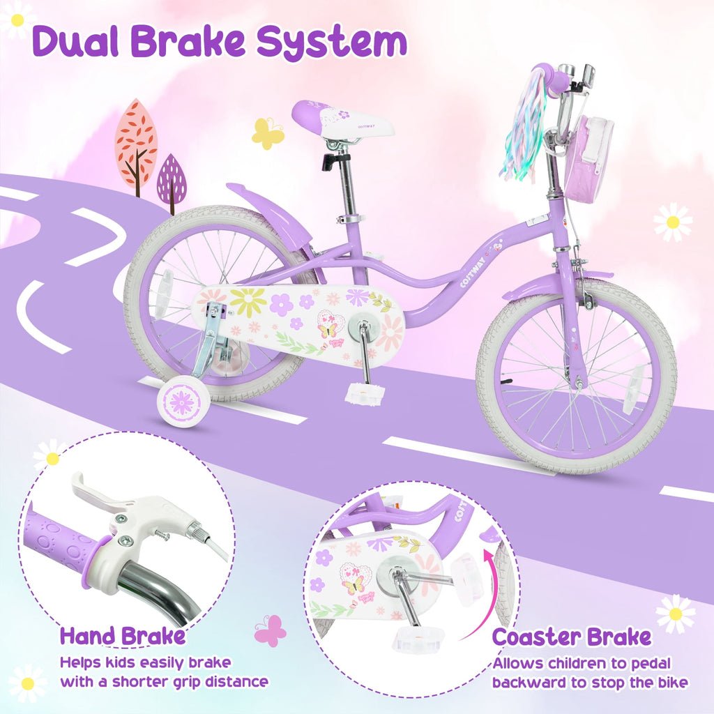 Costway 18 Inches Girls Bike with Front Bag, Children Training Bicycle for 4-8 Years Old Pink