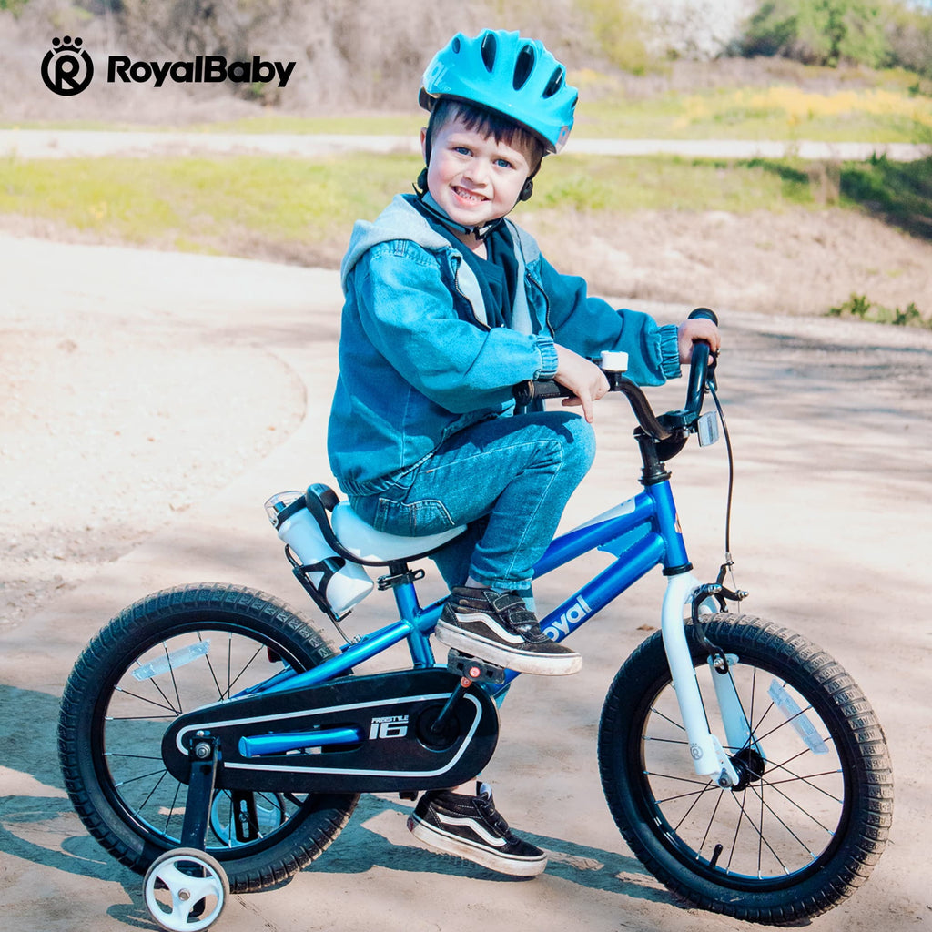 Royalbaby Boys Girls Kids Bike 14 In BMX Freestyle Blue 2 Hand Brakes Bicycles with Training Wheels Child Bicycle