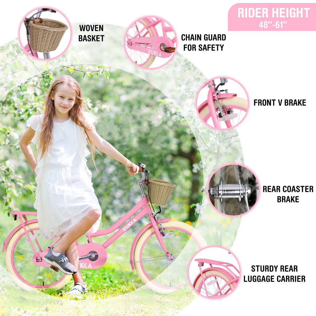 Aukfa 20 inch Girl's Bikes with Basket, Children's Bicycle for 7-10 Years Old Kids, Purple