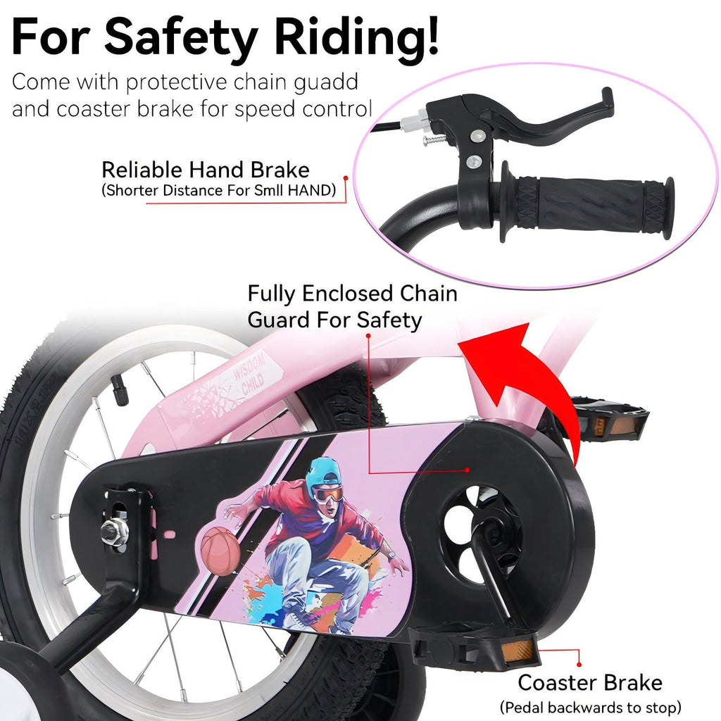 Aukfa 18-Inch Kids Bike for Boys & Girls Ages 5-10,Balance Bikewith Training Wheels, Coaster Brake & Front V-Brake,Pink