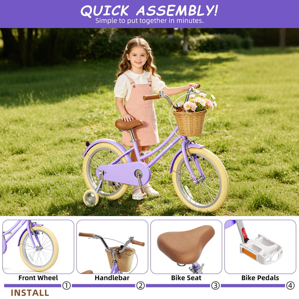 Korimefa Girls Bike 18 Inch Kids Bicycle for 5-9 Years Old, with Removable Training Wheels & Cute Basket, Ideal Gift for Toddler Girls Outdoor Riding,Purple