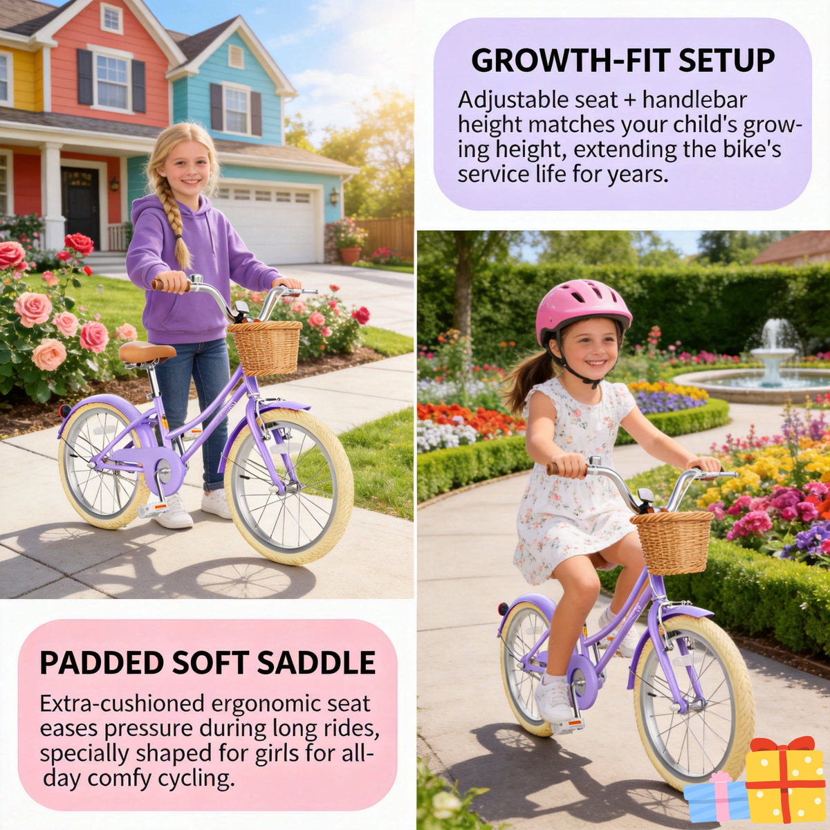 Korimefa Girls Bike 18 Inch Kids Bicycle for 5-9 Years Old, with Removable Training Wheels & Cute Basket, Ideal Gift for Toddler Girls Outdoor Riding,Purple