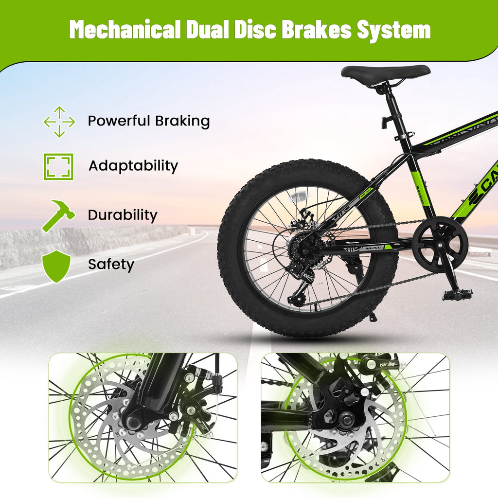 20 Inch Fat Tire Kids Mountain Bike, 7-Speed Mountain Bicycle with Dual Disc Brake and Front Suspension, High-Carbon Steel Frame Kids MTB for Boys Girls Ages 8-12 Year Old, Black-Green