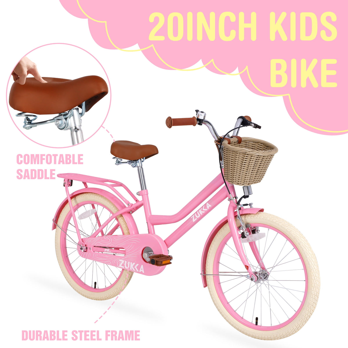 Aukfa 20 inch Girl's Bikes with Basket, Children's Bicycle for 7-10 Years Old Kids, Purple