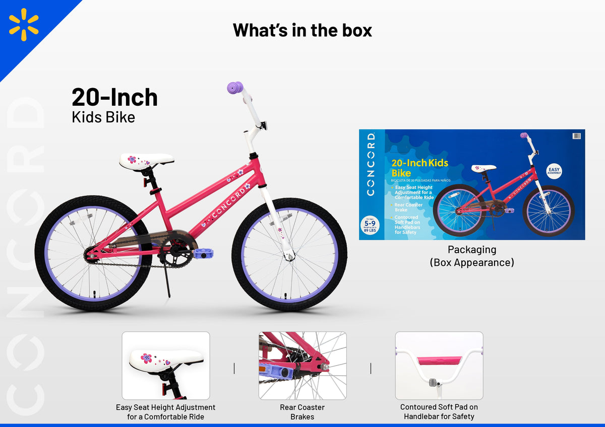 Concord 20 Inch Kids' Bike, Pink and Purple, Unisex, Fits Riders 44 to 56 Inches Tall