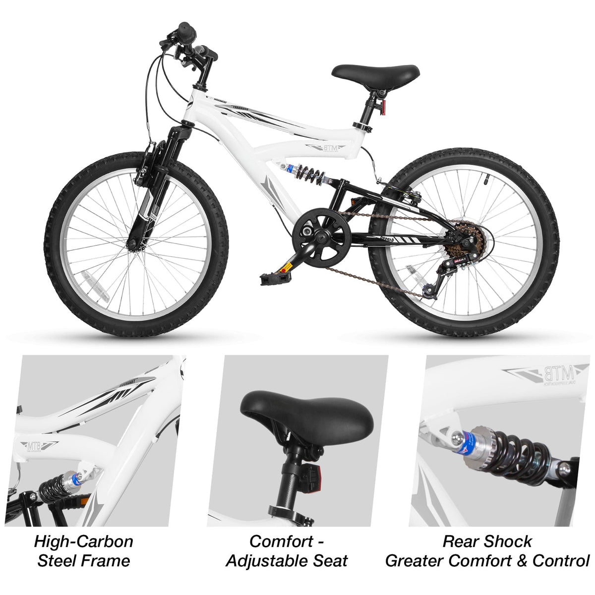 Hykolity 20 Inch Kids Mountain Bike Boys Girls Youth Bicycle For Ages 6-12 Children Bikes Dual Full Suspension Front And Rear V-Brakes 6 Speeds Drivetrain, Black