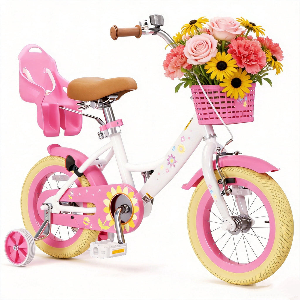 Korimefa Girls Bike for 3-9 Years Old Kids, 12 14 16 inch Kids Bike with Training Wheels, Basket and Doll Seat, Children Bicycles with Handbrake, Pink
