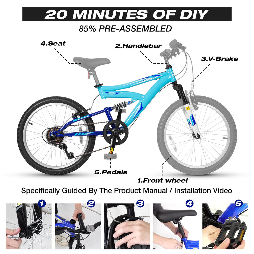 Hykolity 20 Inch Kids Mountain Bike Boys Girls Youth Bicycle For Ages 6-12 Children Bikes Dual Full Suspension Front And Rear V-Brakes 6 Speeds Drivetrain, Black
