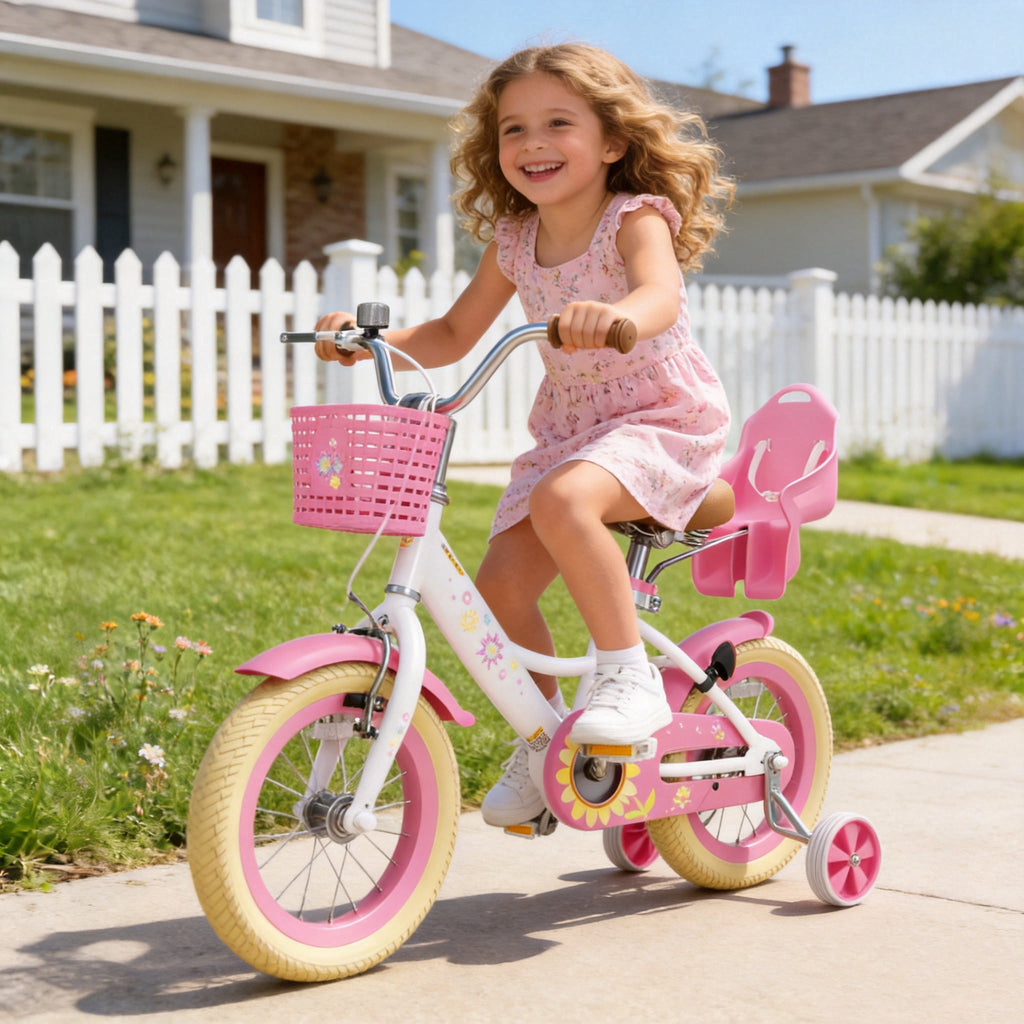 Korimefa Girls Bike for 3-9 Years Old Kids, 12 14 16 inch Kids Bike with Training Wheels, Basket and Doll Seat, Children Bicycles with Handbrake, Pink