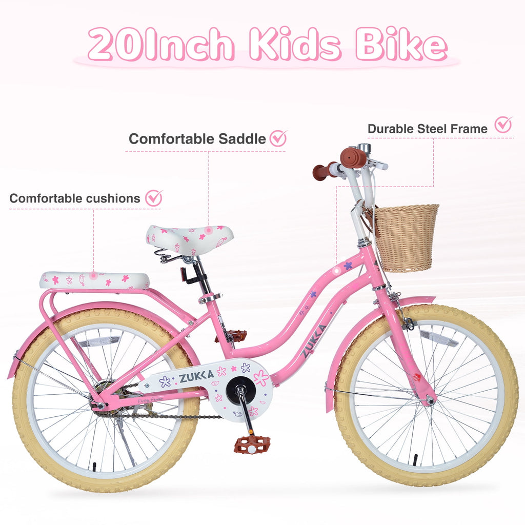 Aukfa 20" Girls Bike with Basket – Kids Bicycle for Ages 7-12, Front & Rear Brakes,Pink