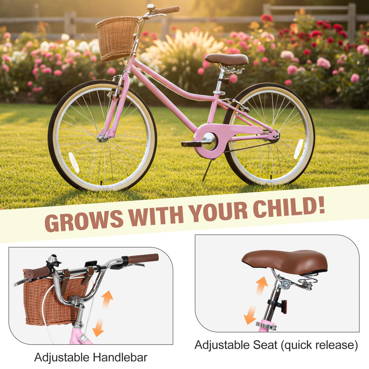 Hykolity Cruiser Bike for Teenage 24 Inch for 8-14 Years Old Girls Bicycle with Basket and Kickstand, Tween Retro Style Childrens Bike for Teen Girls, Pink