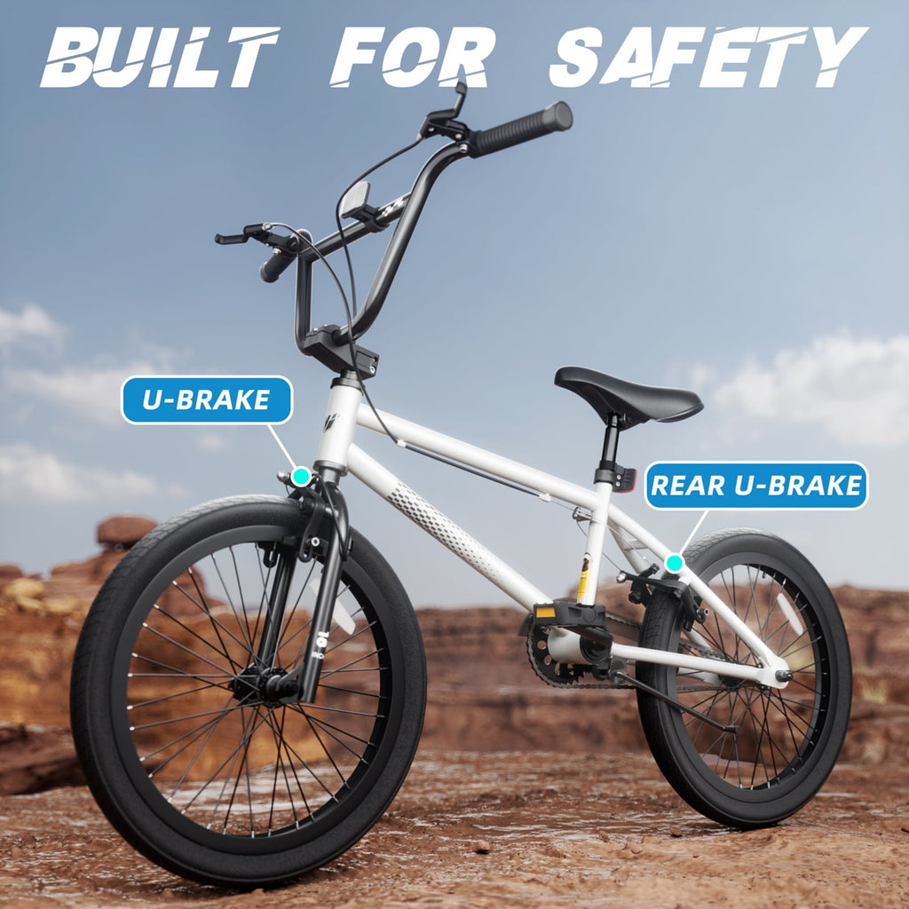 Korimefa 18 inch BMX Bikes, Kids Bicycles for Boys Ages 5-9, Child, Tween & Teen, Front Aluminum Alloy U-Brake, Rear R-Brake, Hand Brake Levers & Front and Rear Pegs, White