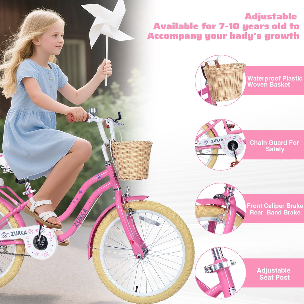 Aukfa 20" Girls Bike with Basket – Kids Bicycle for Ages 7-12, Front & Rear Brakes,Pink