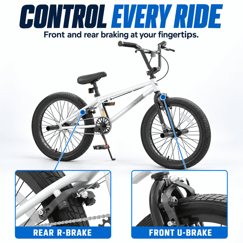 Korimefa 18 inch BMX Bikes, Kids Bicycles for Boys Ages 5-9, Child, Tween & Teen, Front Aluminum Alloy U-Brake, Rear R-Brake, Hand Brake Levers & Front and Rear Pegs, White