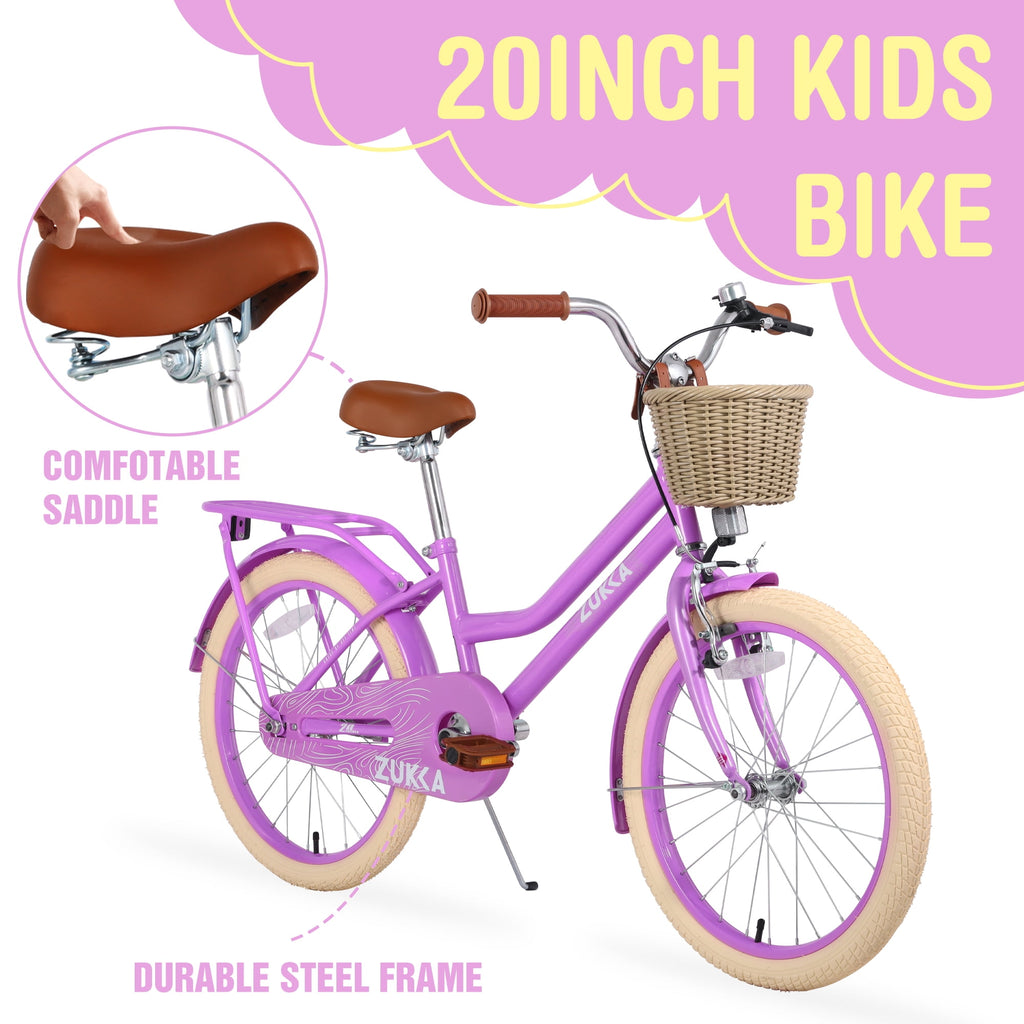 Aukfa 20 inch Girl's Bikes with Basket, Children's Bicycle for 7-10 Years Old Kids, Purple
