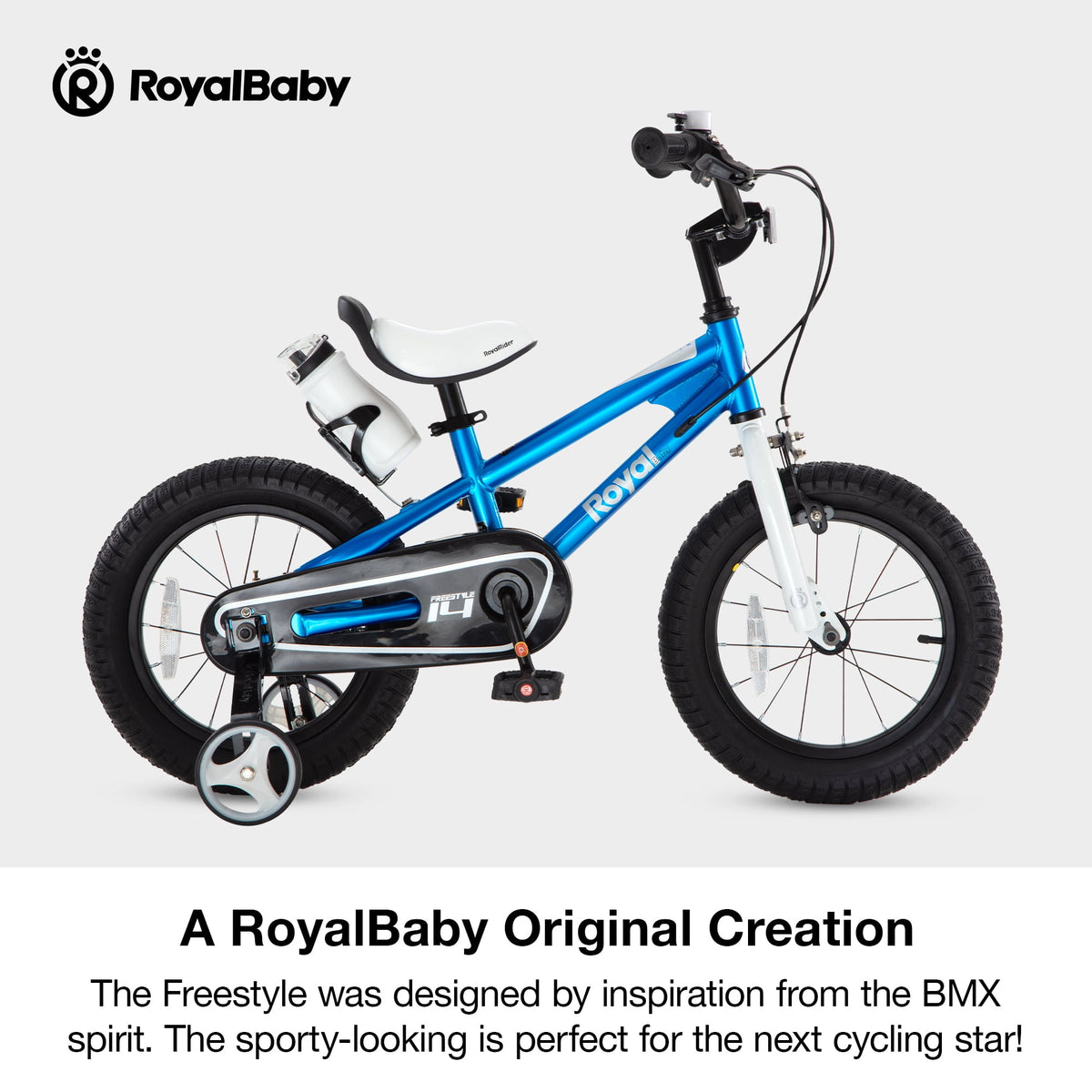 Royalbaby Boys Girls Kids Bike 14 In BMX Freestyle Blue 2 Hand Brakes Bicycles with Training Wheels Child Bicycle