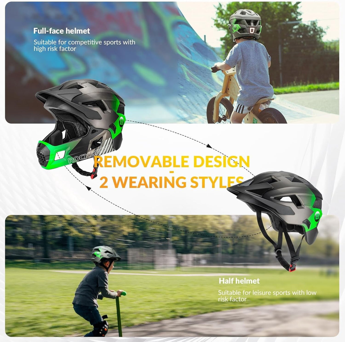 ROCKBROS Bicycle Helmet Kids Helmet Full Face Safety Helmet Removable Helmet Chin All-Round Ventilation Holes with Adjustable Brim for Kids Age 5-12