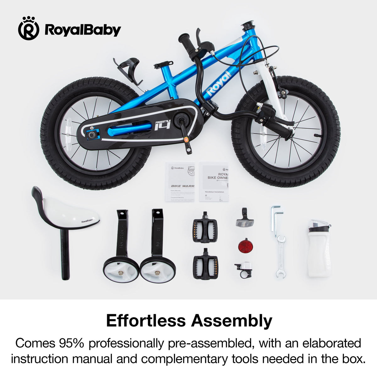 Royalbaby Boys Girls Kids Bike 14 In BMX Freestyle Blue 2 Hand Brakes Bicycles with Training Wheels Child Bicycle
