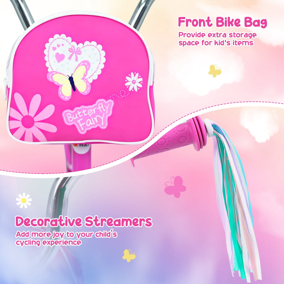 Costway 18 Inches Girls Bike with Front Bag, Children Training Bicycle for 4-8 Years Old Pink
