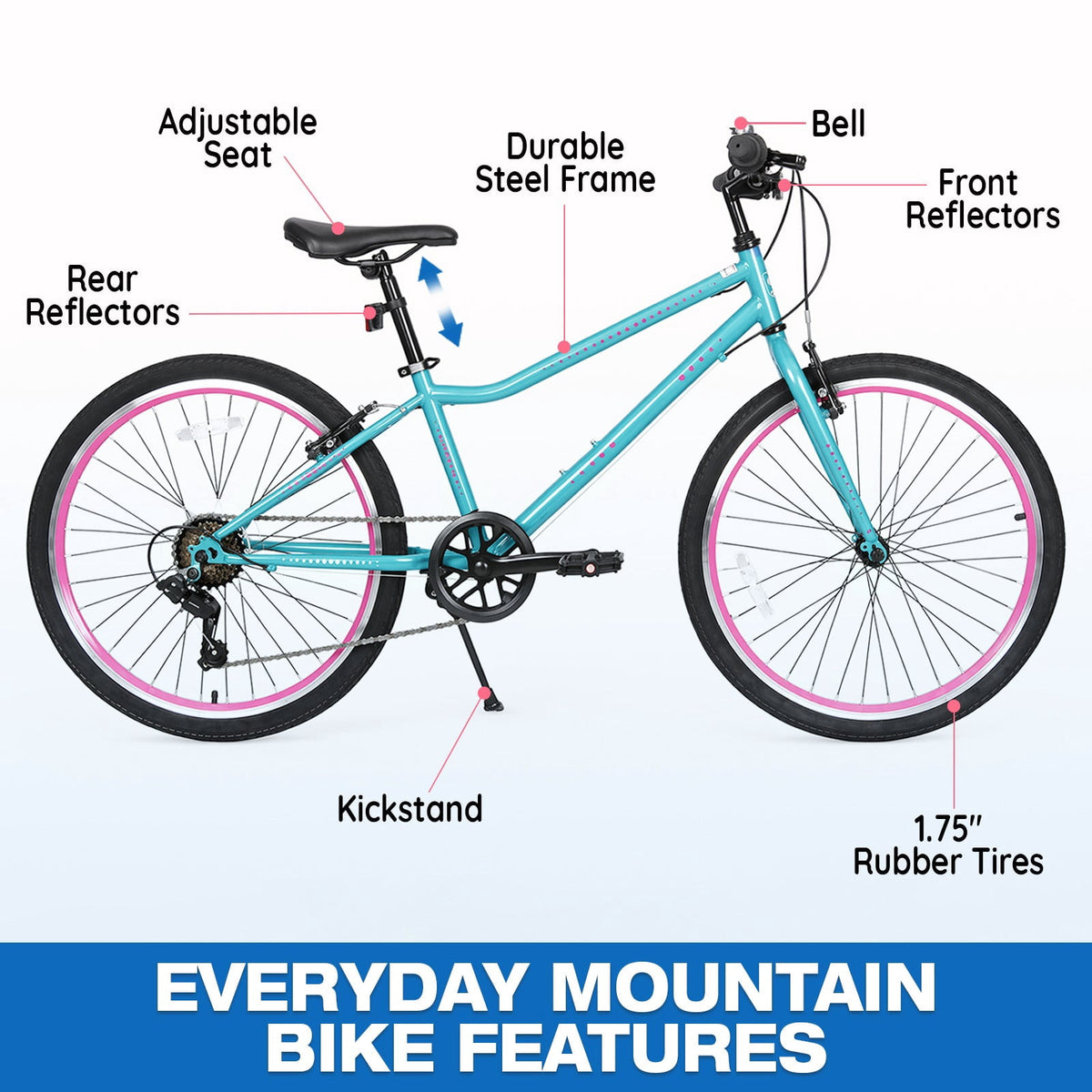 Hykolity 20-in Kid Mountain Bike 7 Speed Bicycles for Kids Bikes MTB Children Ages 8-13 Tween Fits Riders 48-60 Adjustable Seat Dual Brake Outdoor Cycling, Pink