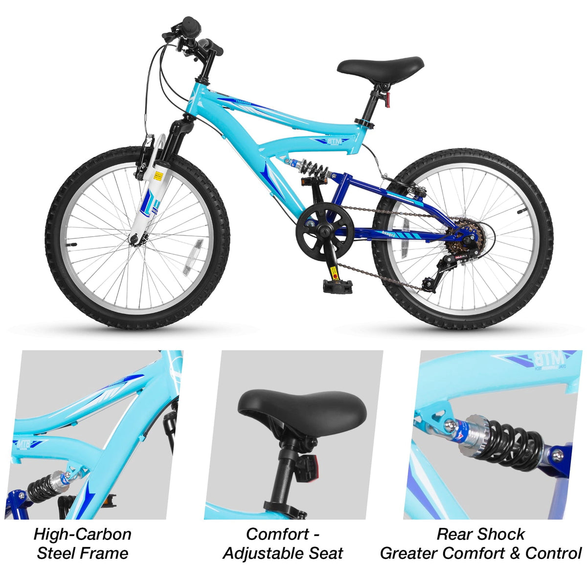 Hykolity 20 Inch Kids Mountain Bike Boys Girls Youth Bicycle For Ages 6-12 Children Bikes Dual Full Suspension Front And Rear V-Brakes 6 Speeds Drivetrain, Black