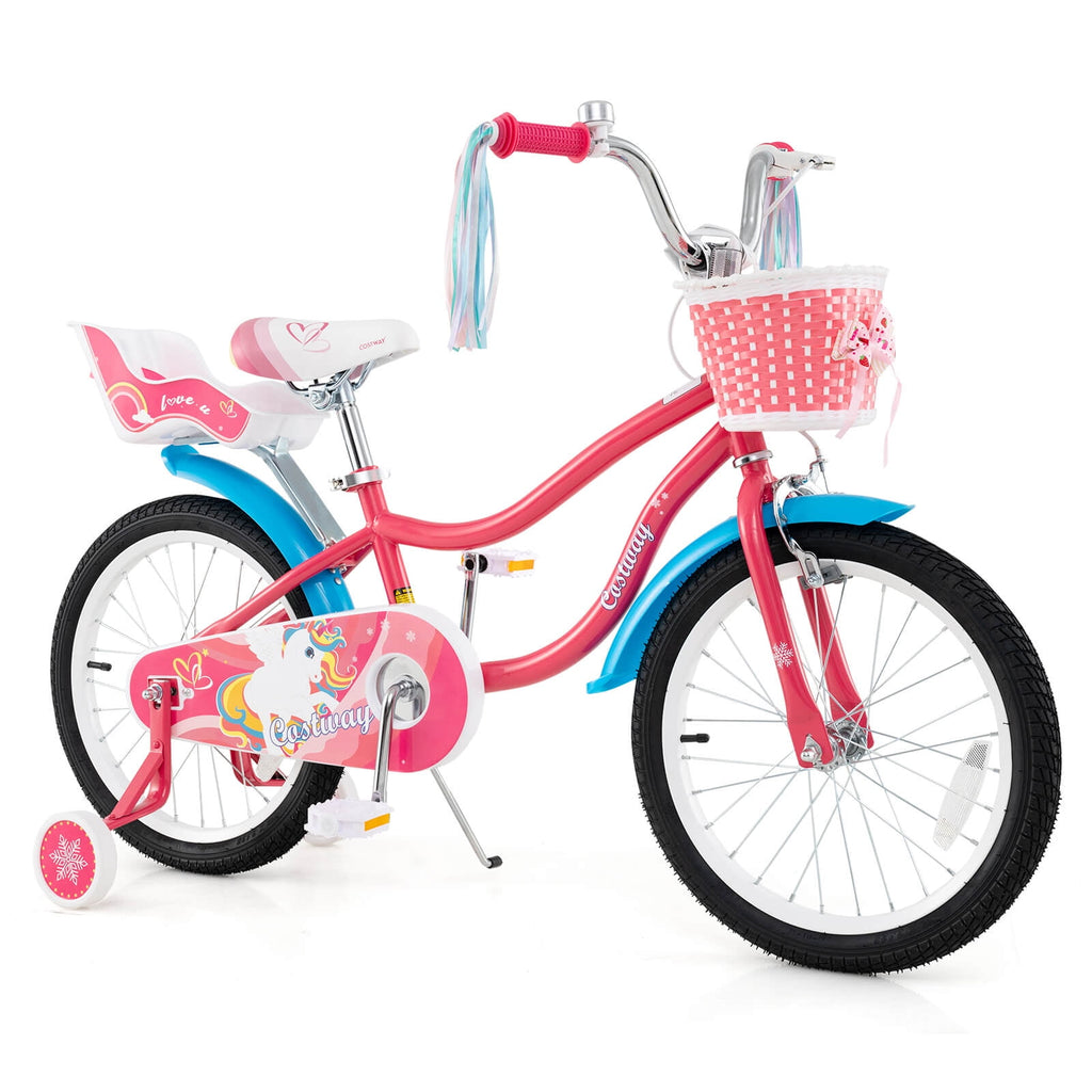 Costway 18 Inches Kids Bicycle with Training Wheels & Basket for Girls Age 4-8 Years Pink