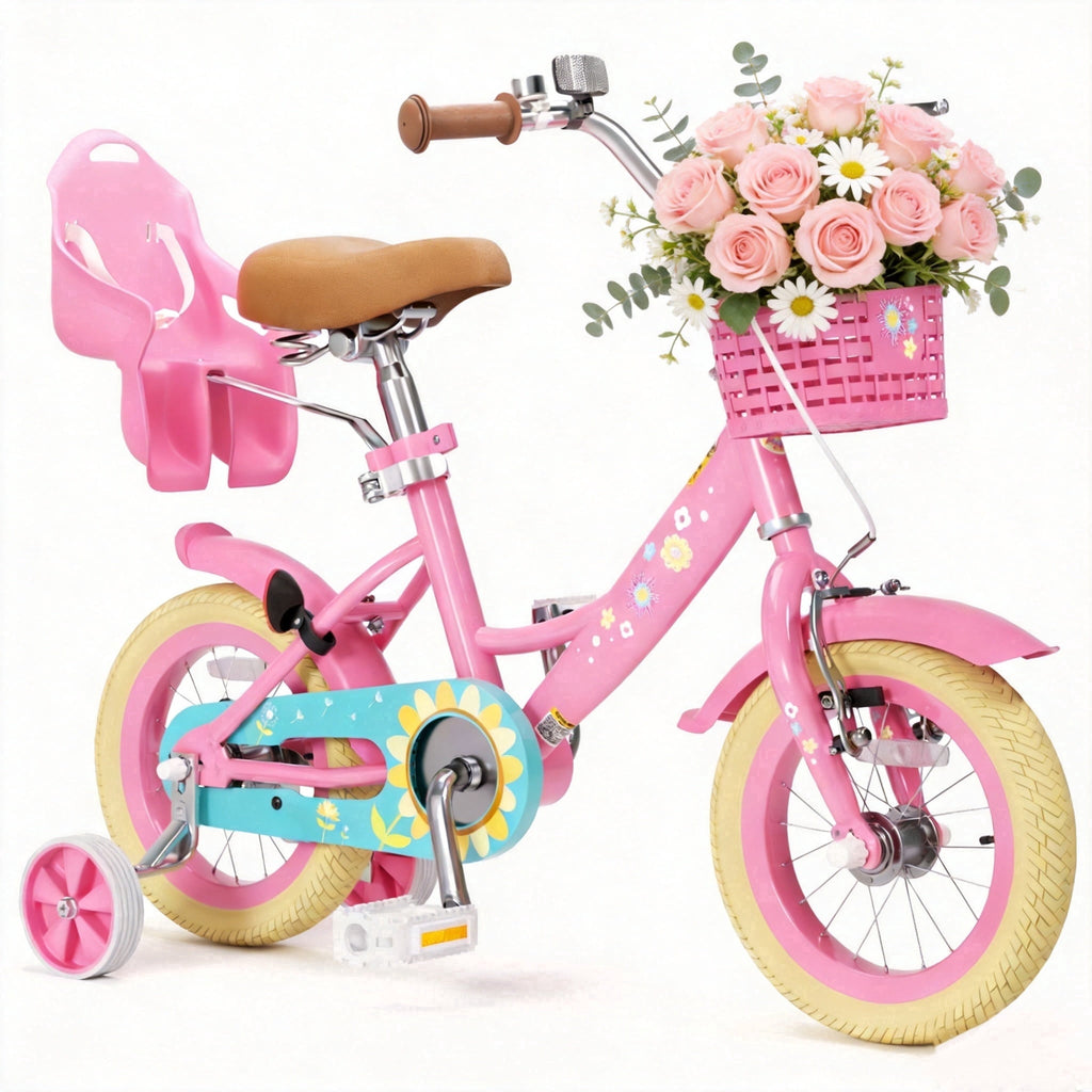 Korimefa Girls Bike for 3-9 Years Old Kids, 12 14 16 inch Kids Bike with Training Wheels, Basket and Doll Seat, Children Bicycles with Handbrake, Pink