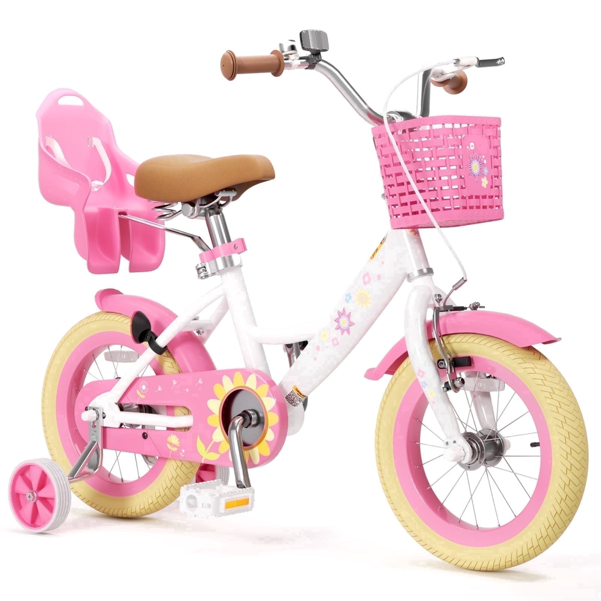 Korimefa Girls Bike for 3-9 Years Old Kids, 12 14 16 inch Kids Bike with Training Wheels, Basket and Doll Seat, Children Bicycles with Handbrake, Pink