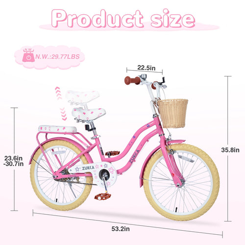 Aukfa 20" Girls Bike with Basket – Kids Bicycle for Ages 7-12, Front & Rear Brakes,Pink