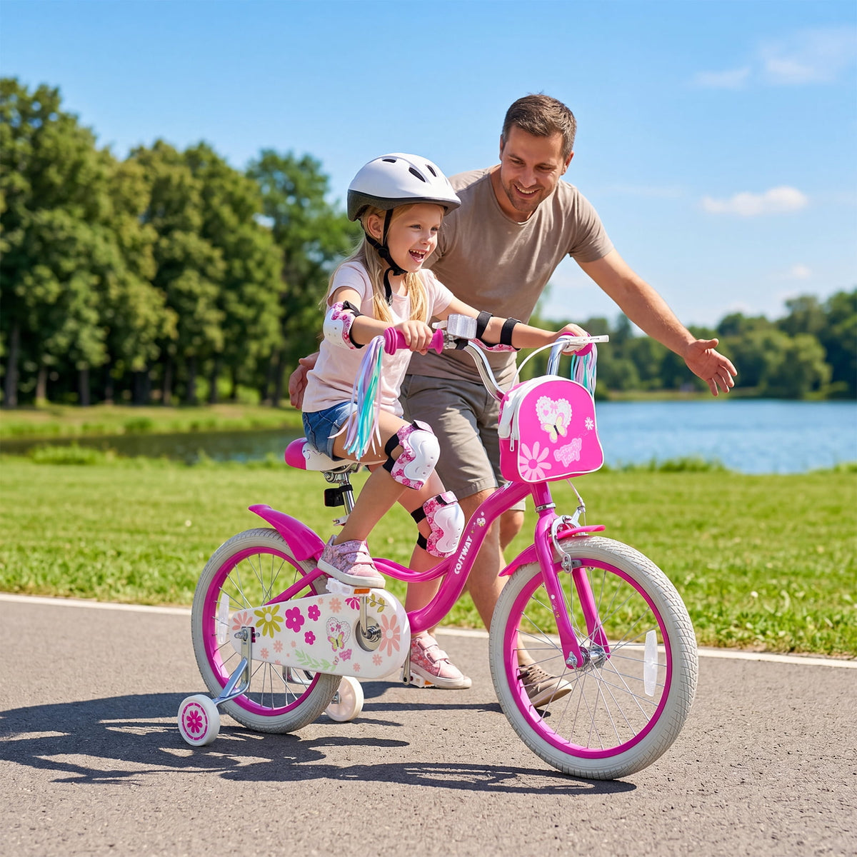 Costway 18 Inches Girls Bike with Front Bag, Children Training Bicycle for 4-8 Years Old Pink