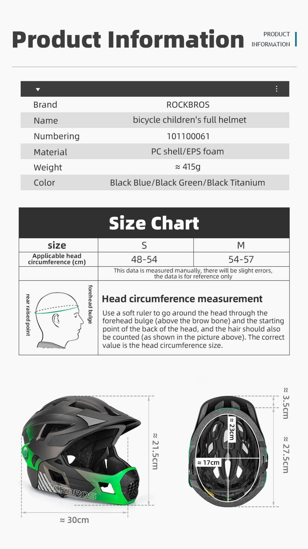 ROCKBROS Bicycle Helmet Kids Helmet Full Face Safety Helmet Removable Helmet Chin All-Round Ventilation Holes with Adjustable Brim for Kids Age 5-12