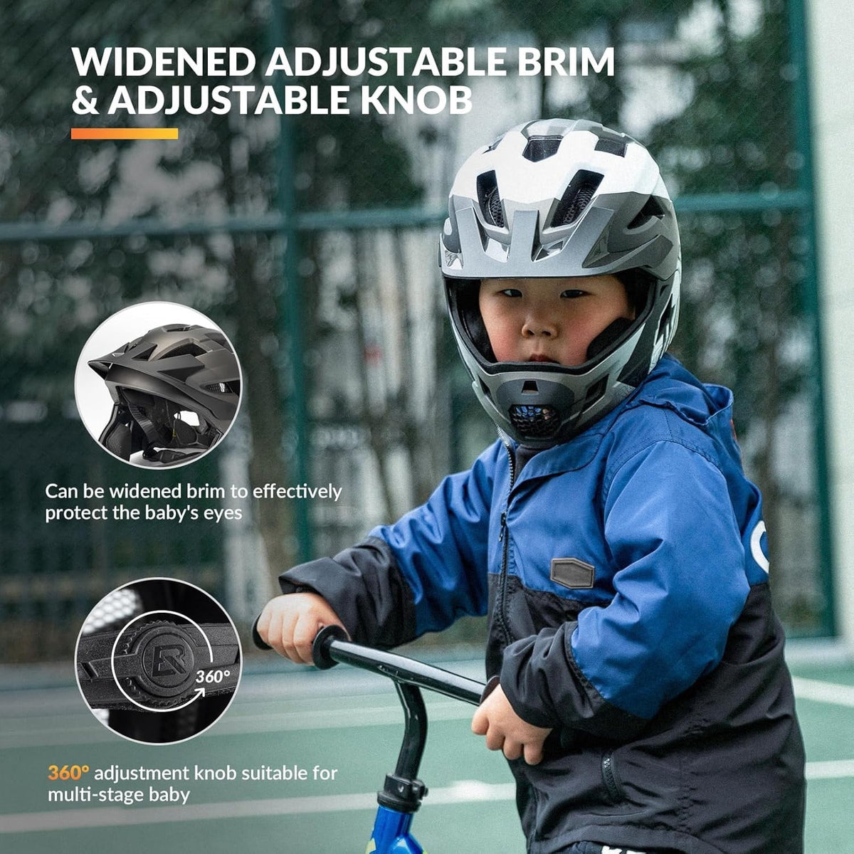 ROCKBROS Bicycle Helmet Kids Helmet Full Face Safety Helmet Removable Helmet Chin All-Round Ventilation Holes with Adjustable Brim for Kids Age 5-12