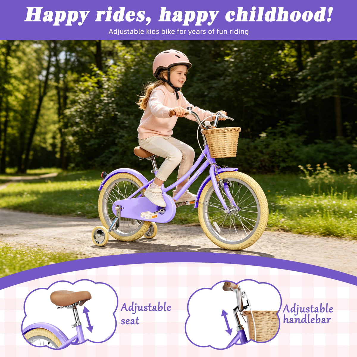 Korimefa Girls Bike 18 Inch Kids Bicycle for 5-9 Years Old, with Removable Training Wheels & Cute Basket, Ideal Gift for Toddler Girls Outdoor Riding,Purple