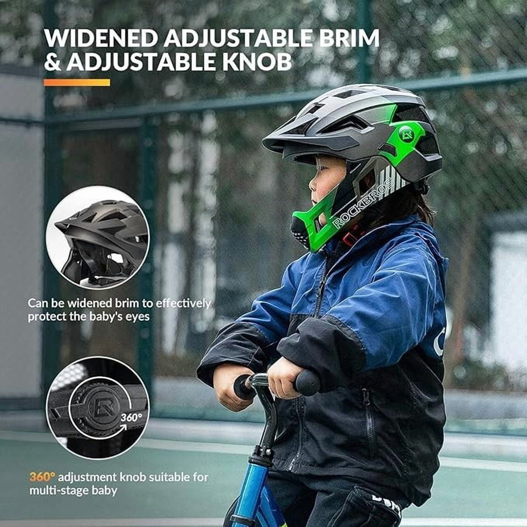 ROCKBROS Bicycle Helmet Kids Helmet Full Face Safety Helmet Removable Helmet Chin All-Round Ventilation Holes with Adjustable Brim for Kids Age 5-12