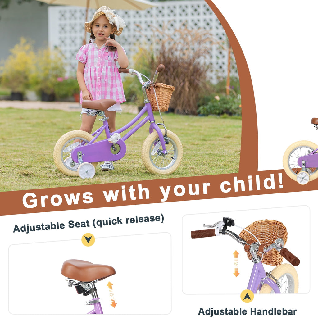 Glerc Little Miss 12 Inch Kids Bike for Girls Ages 2‑4, Retro Bicycle with Training Wheels & Basket, Pink