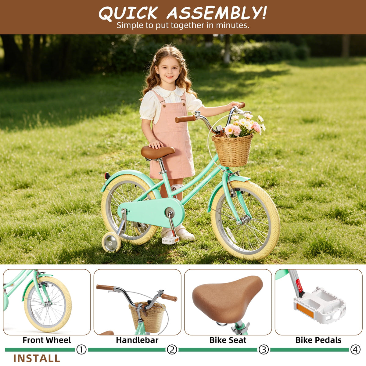 Korimefa Girls Bike 18 Inch Kids Bicycle for 5-9 Years Old, with Removable Training Wheels & Cute Basket, Ideal Gift for Toddler Girls Outdoor Riding,Purple