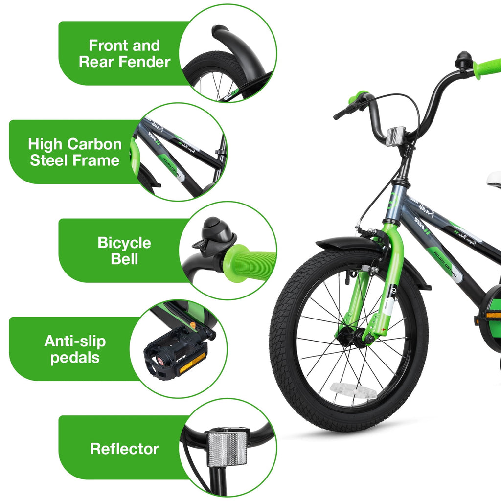 Hykolity Kids Bike, 16 Inch Children Bicycle for Boys & Girls Ages 4-6 Years Old, Rider Height 38-48 Inch, Sport Bike BMX Freestyle Handlebar Black Green
