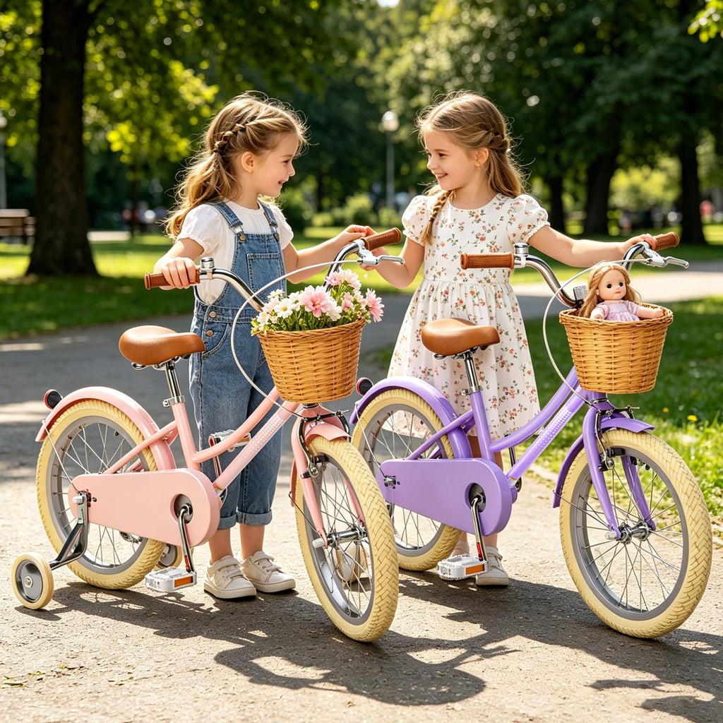 Korimefa Girls Bike 18 Inch Kids Bicycle for 5-9 Years Old, with Removable Training Wheels & Cute Basket, Ideal Gift for Toddler Girls Outdoor Riding,Purple