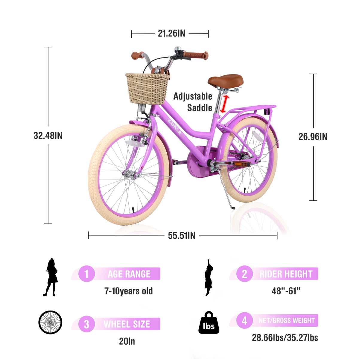 Aukfa 20 inch Girl's Bikes with Basket, Children's Bicycle for 7-10 Years Old Kids, Purple
