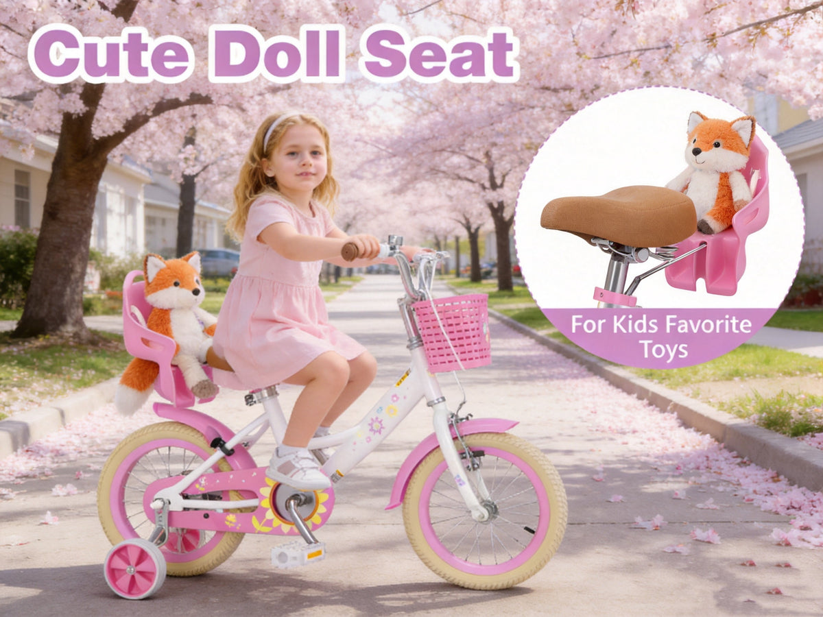 Korimefa Girls Bike for 3-9 Years Old Kids, 12 14 16 inch Kids Bike with Training Wheels, Basket and Doll Seat, Children Bicycles with Handbrake, Pink