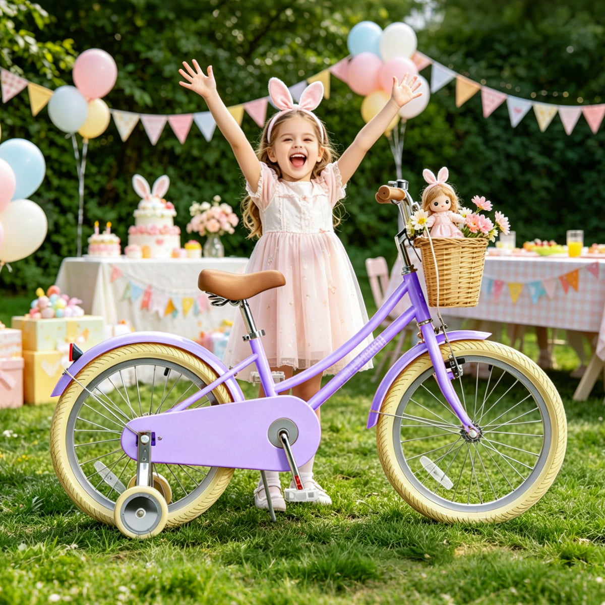 Korimefa Girls Bike 18 Inch Kids Bicycle for 5-9 Years Old, with Removable Training Wheels & Cute Basket, Ideal Gift for Toddler Girls Outdoor Riding,Purple