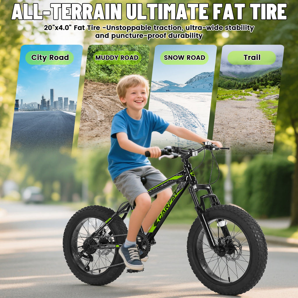 20 Inch Fat Tire Kids Mountain Bike, 7-Speed Mountain Bicycle with Dual Disc Brake and Front Suspension, High-Carbon Steel Frame Kids MTB for Boys Girls Ages 8-12 Year Old, Black-Green