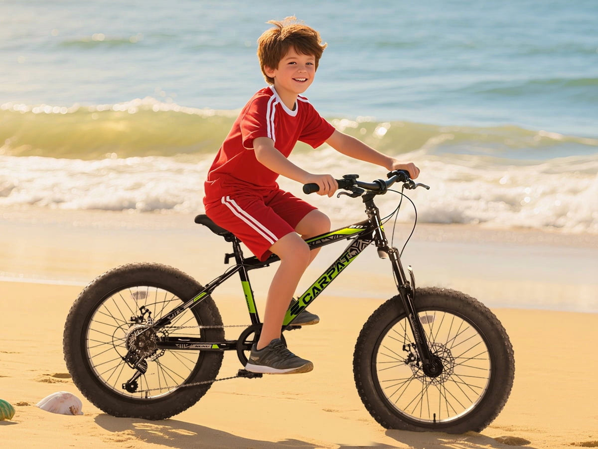 20 Inch Fat Tire Kids Mountain Bike, 7-Speed Mountain Bicycle with Dual Disc Brake and Front Suspension, High-Carbon Steel Frame Kids MTB for Boys Girls Ages 8-12 Year Old, Black-Green