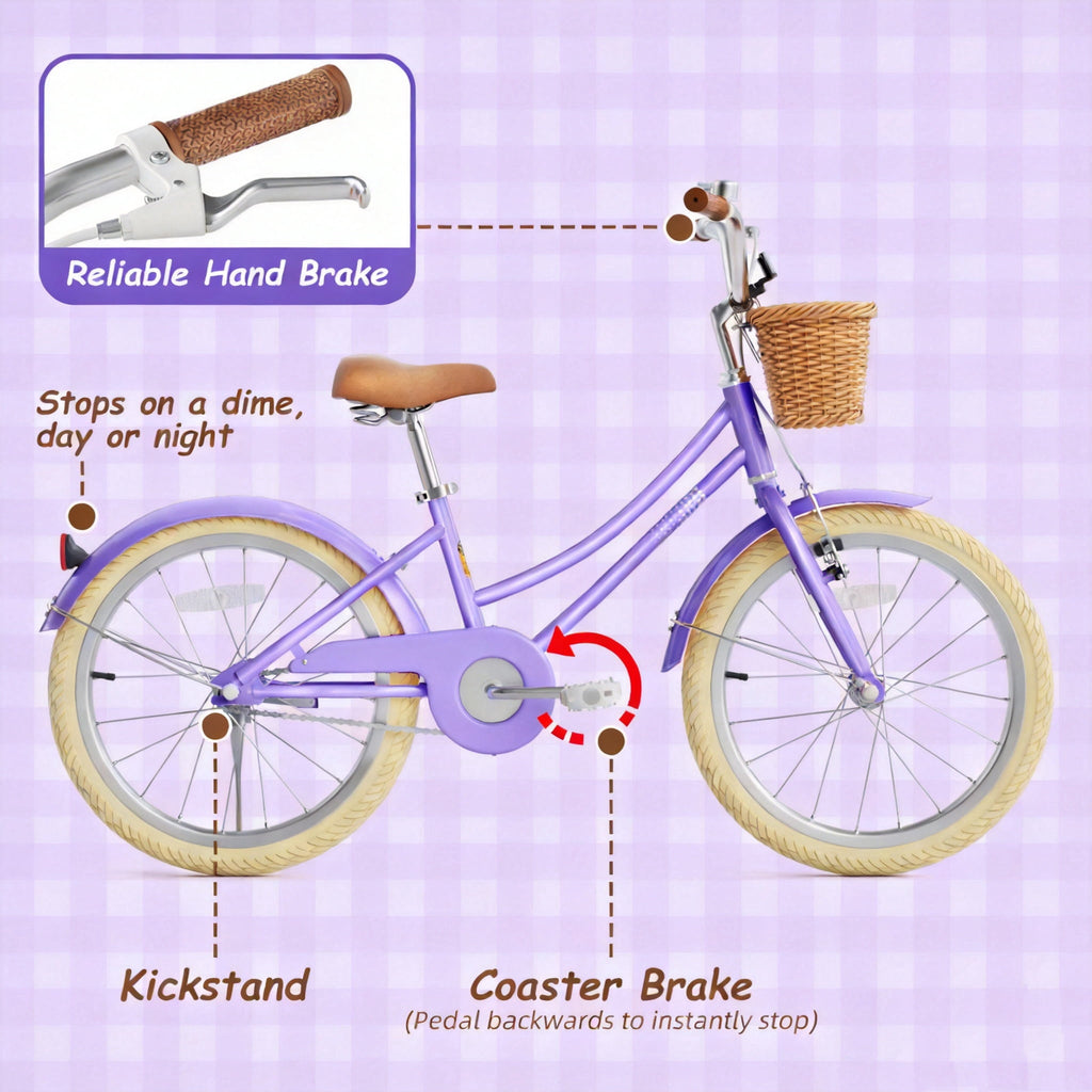 Korimefa Girls Bike 18 Inch Kids Bicycle for 5-9 Years Old, with Removable Training Wheels & Cute Basket, Ideal Gift for Toddler Girls Outdoor Riding,Purple